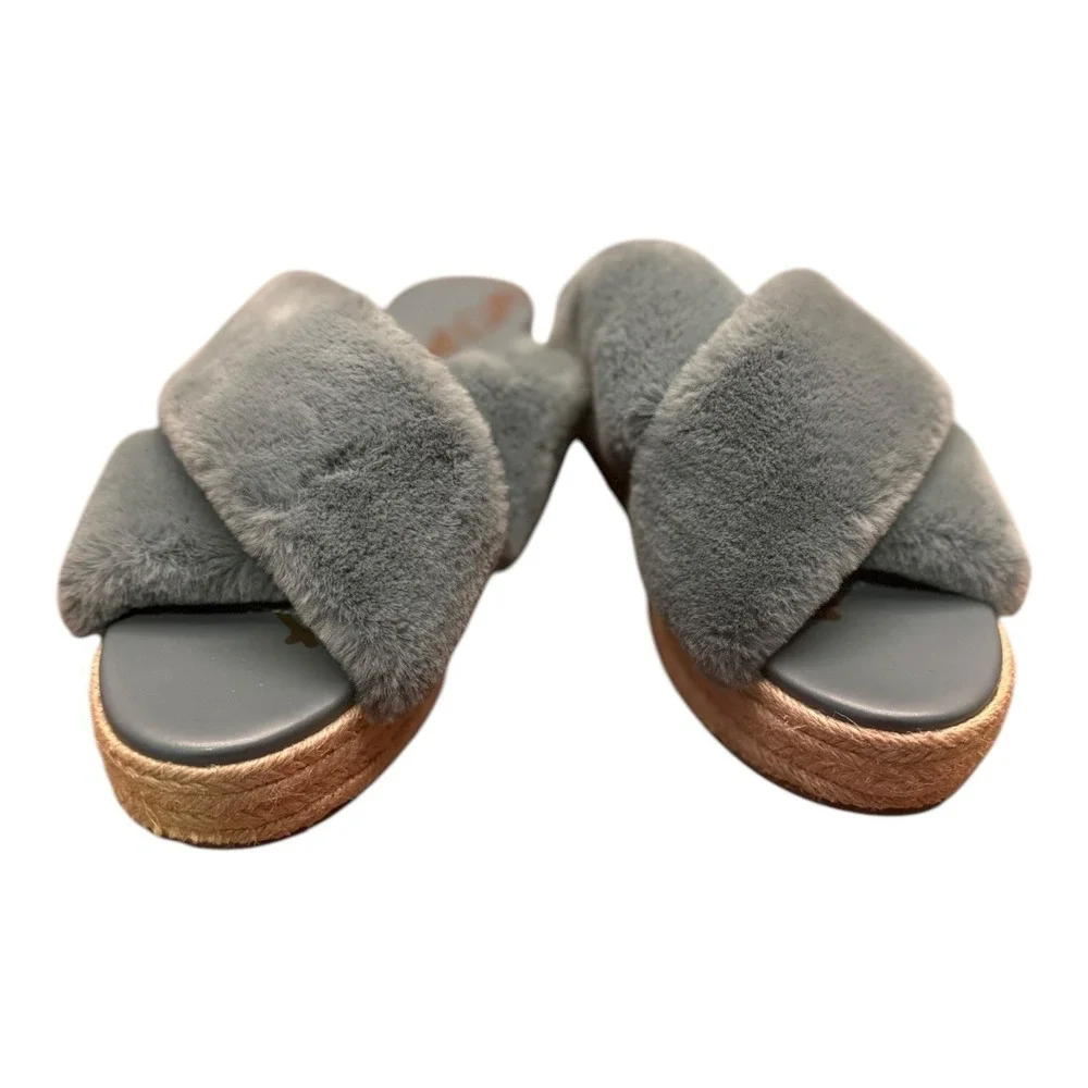 Sam Edelman Gray Faux Fur Criss Cross Espadrille Platform Slides Size 9.5